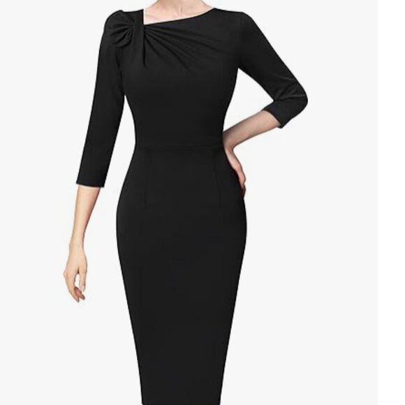 Vfshow Blacl Pleated Asymmetrical Bow Neck Sheath Dress - Picture 2 of 6